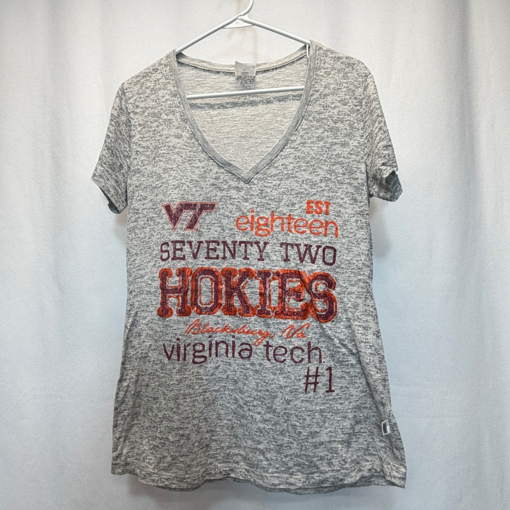 Virginia Tech Hokies T-Shirt Women XL Gray Burnout V-Neck Soffe Collegiate